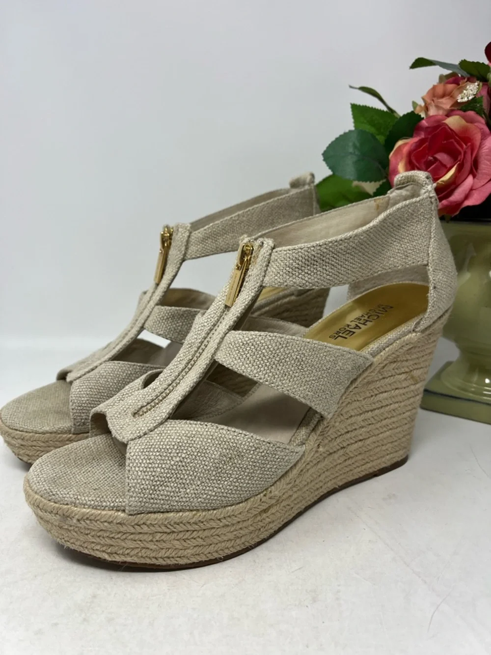 MICHAEL MICHAEL KORS DAMITA WEDGE OPEN TOE CANVAS ZIP UP SANDAL ESPADRILLES 8.5
